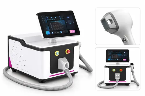 Aparatul de epilare laser cu patru lungimi de undă folosit la Marabu Center Bacău, cu detalii ale ecranului și capului de tratament.